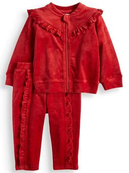 Baby Girls 0-3 Months 2 Pc Velour Red Ruffled Jogger Set-NWO