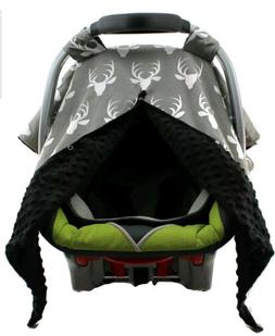 Dear Baby Gear Car Seat Canopy, Antlers on Grey, Black Minky